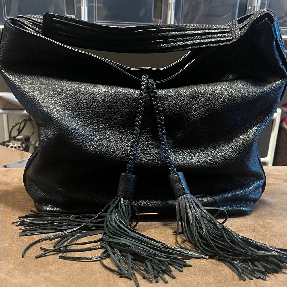 Rebecca Minkoff Black Leather Shoulder Bag with Tassels